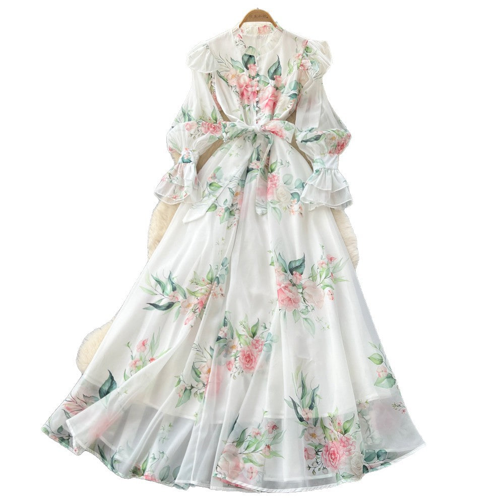 French romantic floral print tie-waist dress - women's early spring long sleeve v-neck a-line maxi dress - elegant