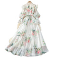 French romantic floral print tie-waist dress - women's early spring long sleeve v-neck a-line maxi dress - elegant