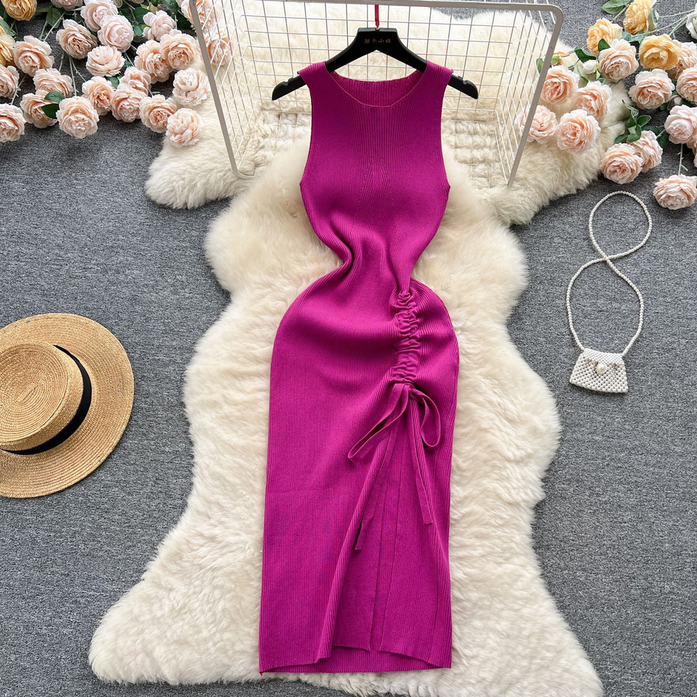 Sleeveless round neck knitting vest dress women's summernew arrival silmslimming lookelegant drawstring slit hip-hugging dress trendy