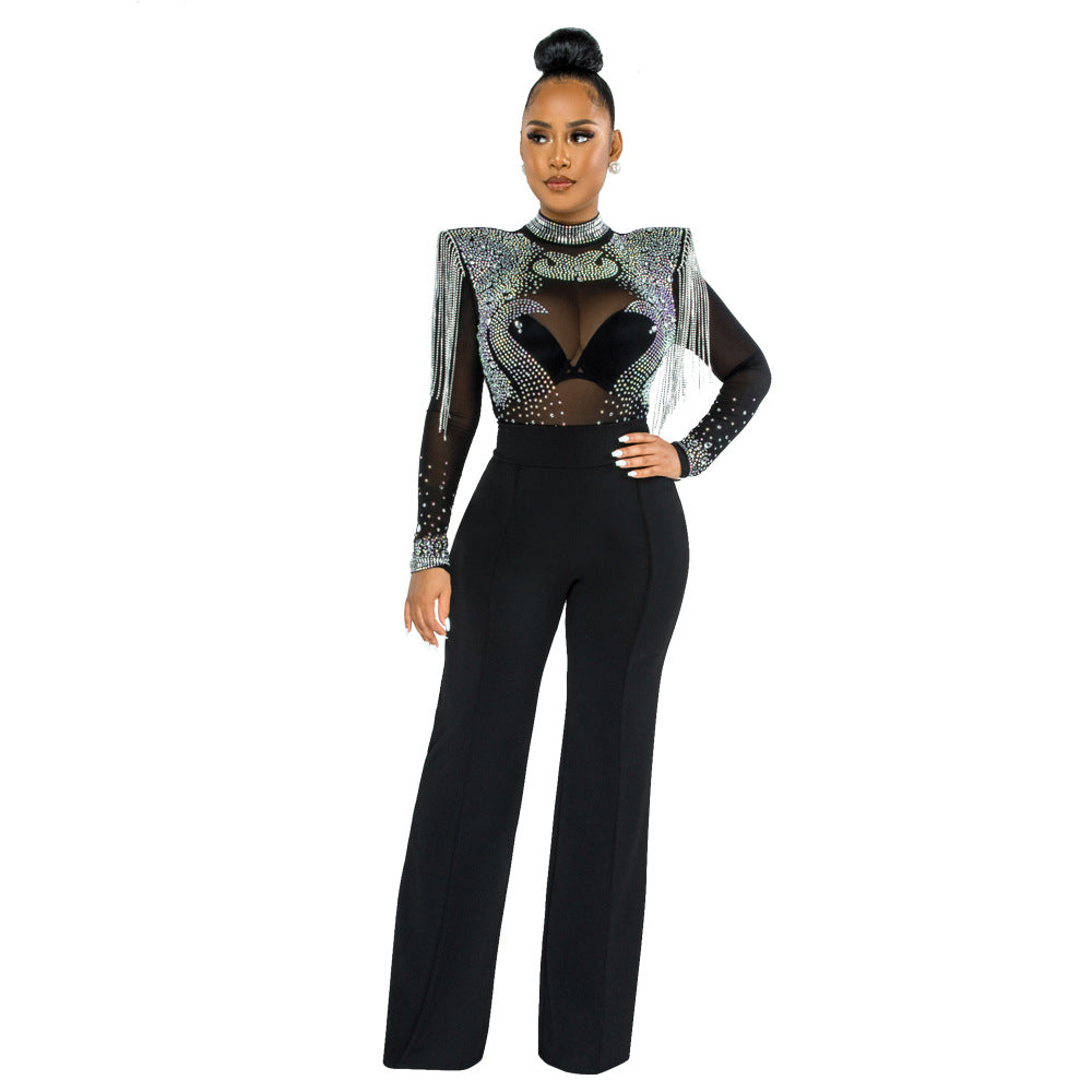 CY9232B Europe, America, , fashionable and sexy casual slim-fitting turtleneck perspective hot diamond fringed jumpsuit women