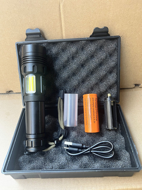 Cross-border XHP70 strong light USB charging COB red light side light telescopic zoom output mobile phone charging P90 flashlight