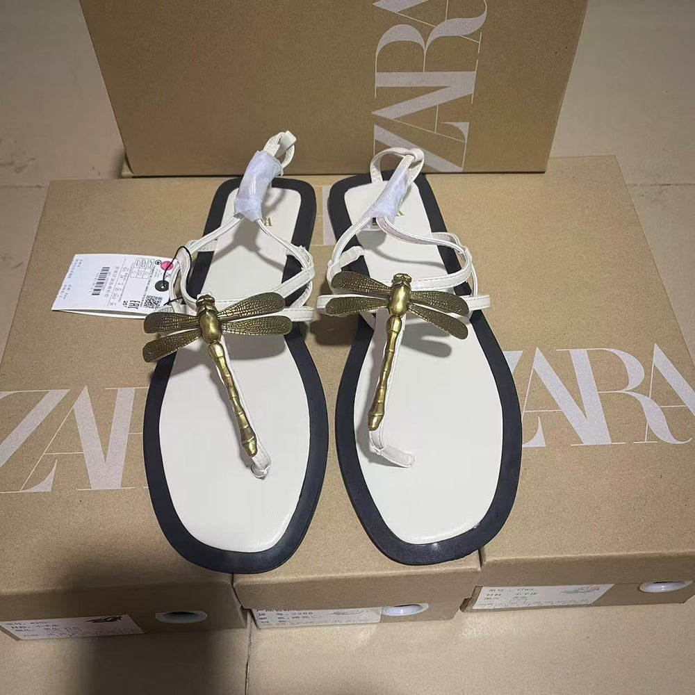 Za2024summer herringbone casualeasiest for match women's shoes metal dragonfly decoration flats sandals daily outwear women's shoes