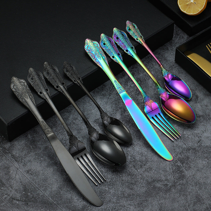 Island Qi stainless steel knife and fork spoon court retro relief steak knife and fork creative western tableware gift box four-piece set