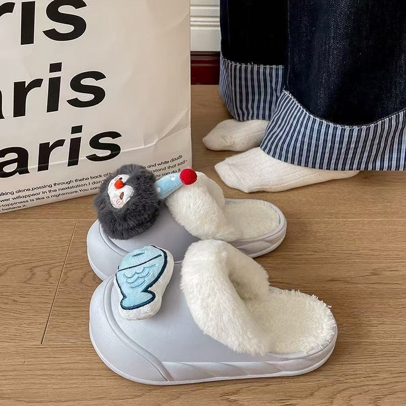 2025 winter new cartoon penguin & fish cotton slippers - thickened, warm, platform sole, detachable cotton slippers for women - wholesale