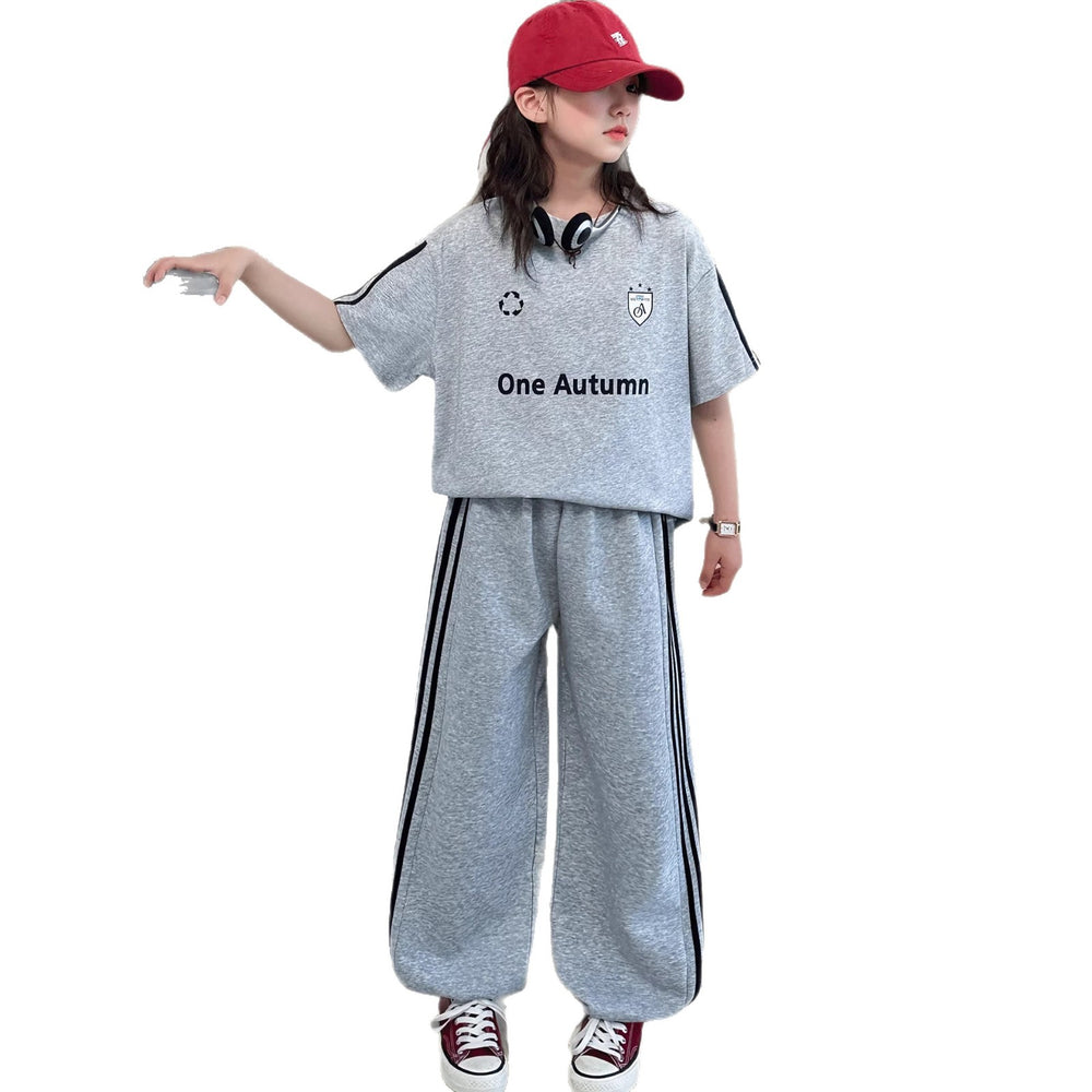 Girls' summer outfit  new style: trendy activewear set for big kids - casual short-sleeve letter tee two-piece