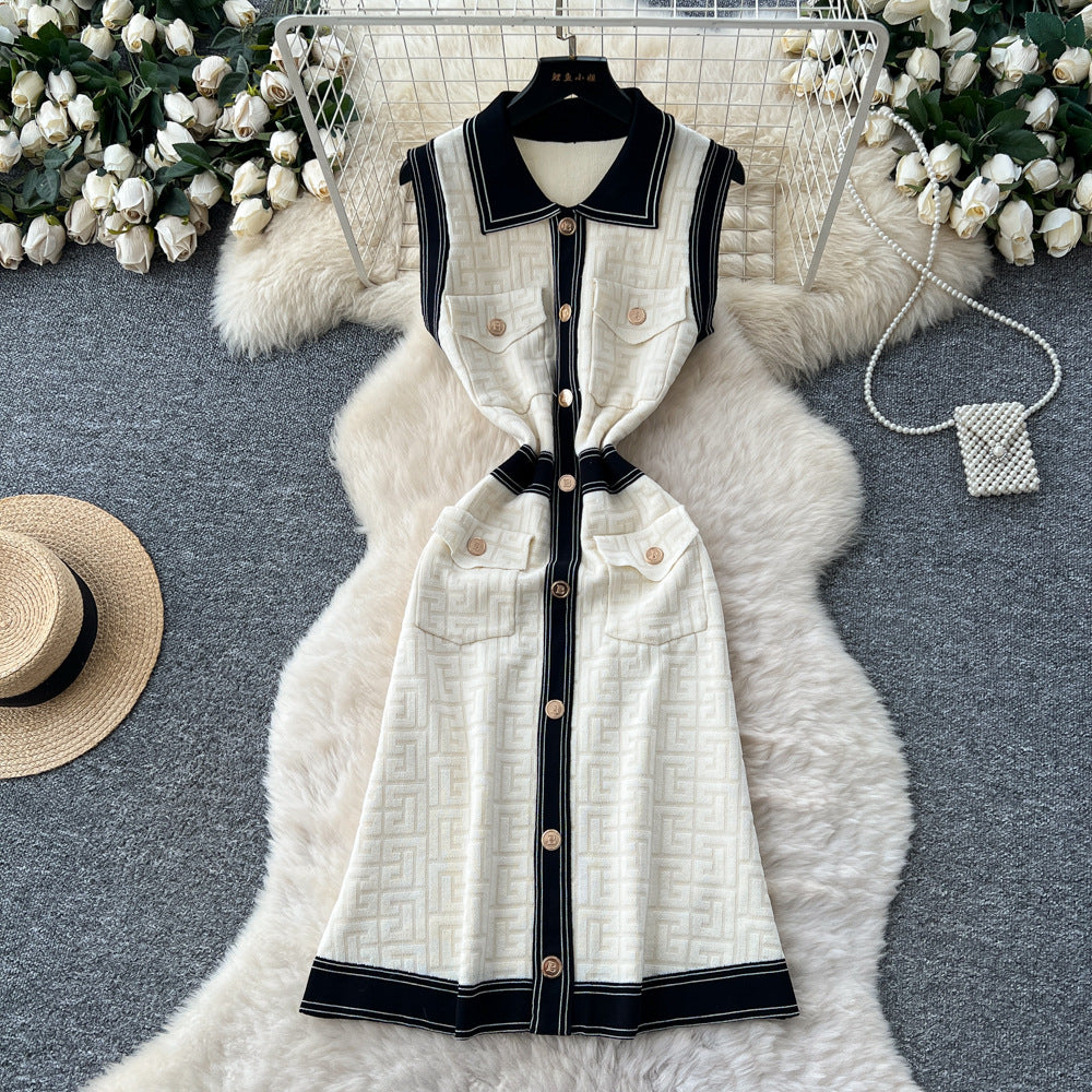 Xiaoxiangfeng sweaterdress women's winter  new arrivalfrenchretrofashioncontrast color metal buckle waist long skirt