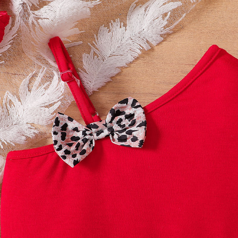 girl summer red shoulder suspender bowstops leopard print short skirt with same color belt suit