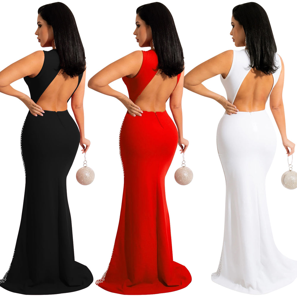 X5580   nightclub style sexy rhinestone mesh see-through sleeveless backless maxi dress for women