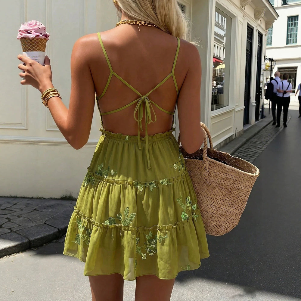Amazon fashion cross-border women's avocado green sequin embroidered deep v cake skirt back cross vacation skirt