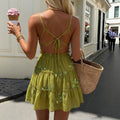 Amazon fashion cross-border women's avocado green sequin embroidered deep v cake skirt back cross vacation skirt