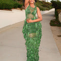 European and american cross-border women's fashion:  autumn new arrivals - sexy printed round neck sleeveless slim-fit ruffle hem maxi dress