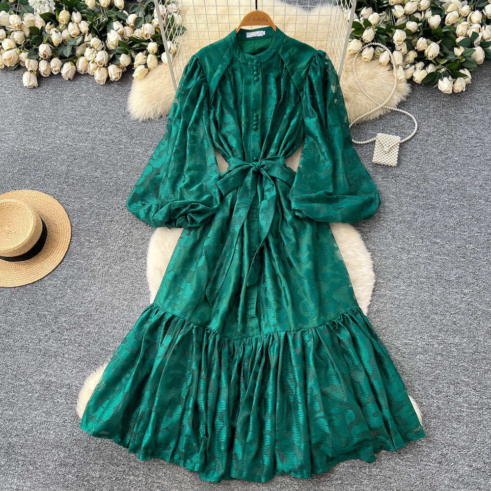 French court style dress - women's autumn collection  - new high-end design with tie waist, lantern sleeves, and lace maxi skirt