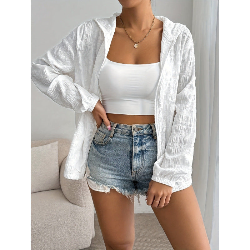 new women's hooded cardigan, open-front sun protection jacket