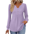 cross-border  women's casual solid color v-neck loose button-down long sleeve t-shirt top