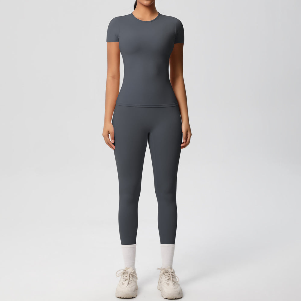 Ready-to-ship, solid color, double-sided brushed, breathable, form-fitting, two-piece activewear set for fitness, running, and yoga