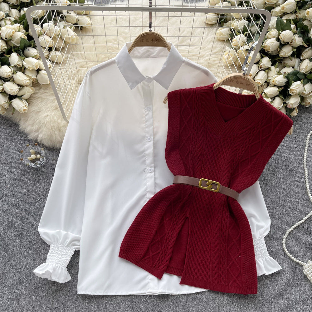 Korean style chic fashion set: women's casual loose long-sleeve shirt + cinched waist v-neck sleeveless knit vest two-piece outfit