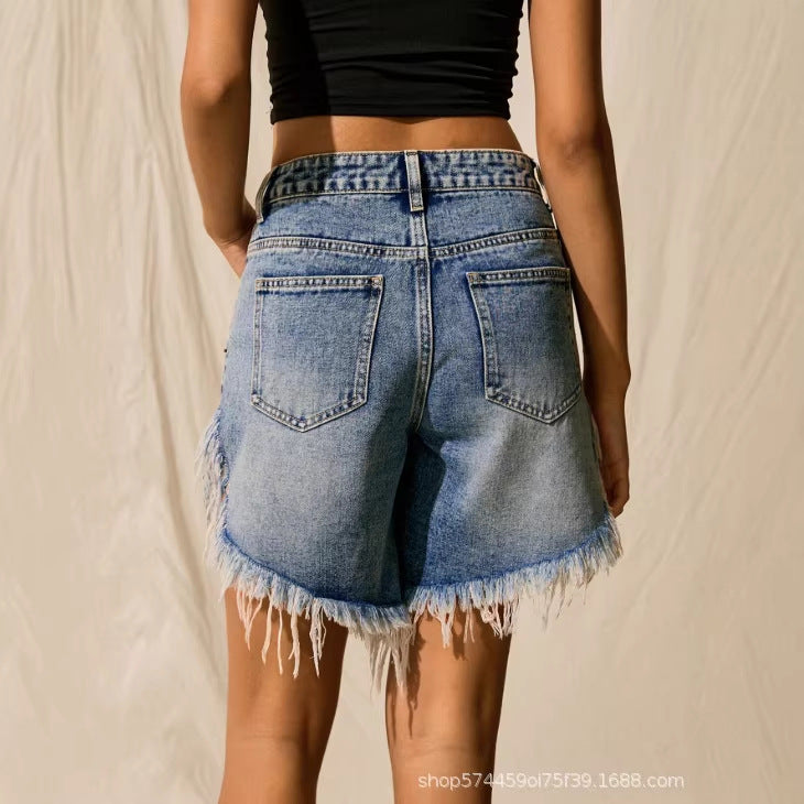 Amazon tiktok pinduoduo export cross-border fashion irregular raw edge denim shorts women's high waist slimming look