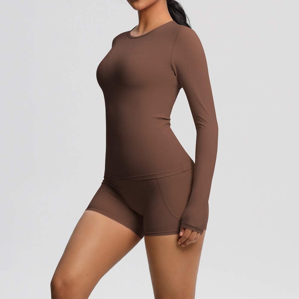 New arrival: european and american style solid color double-sided brushed nylon long-sleeve yoga set - activewear two-piece for running and fitness