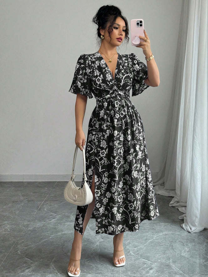 French v neck black floral dress  summer new arrivalretro silm slimming look gentle british style midi skirt