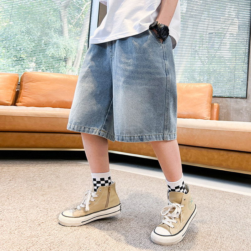 K-style loosekids denim half length pants summer breathable distressed washed shorts boys embroiderpocket white trendy