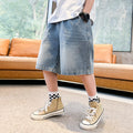 K-style loosekids denim half length pants summer breathable distressed washed shorts boys embroiderpocket white trendy