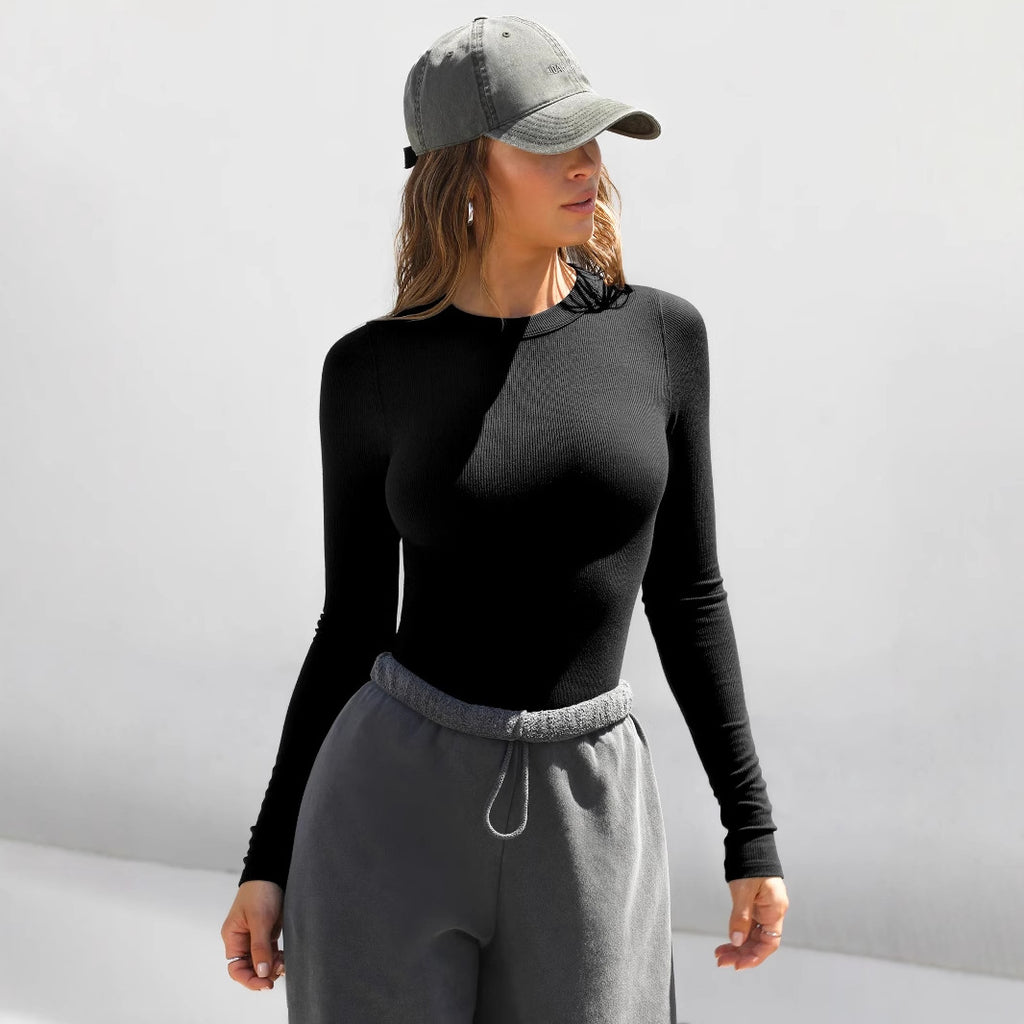 2025 new Y2K clothes threaded crew neck long-sleeved T-shirt women's bottom outer wear slim fit front shoulder Spice girl top pure desire