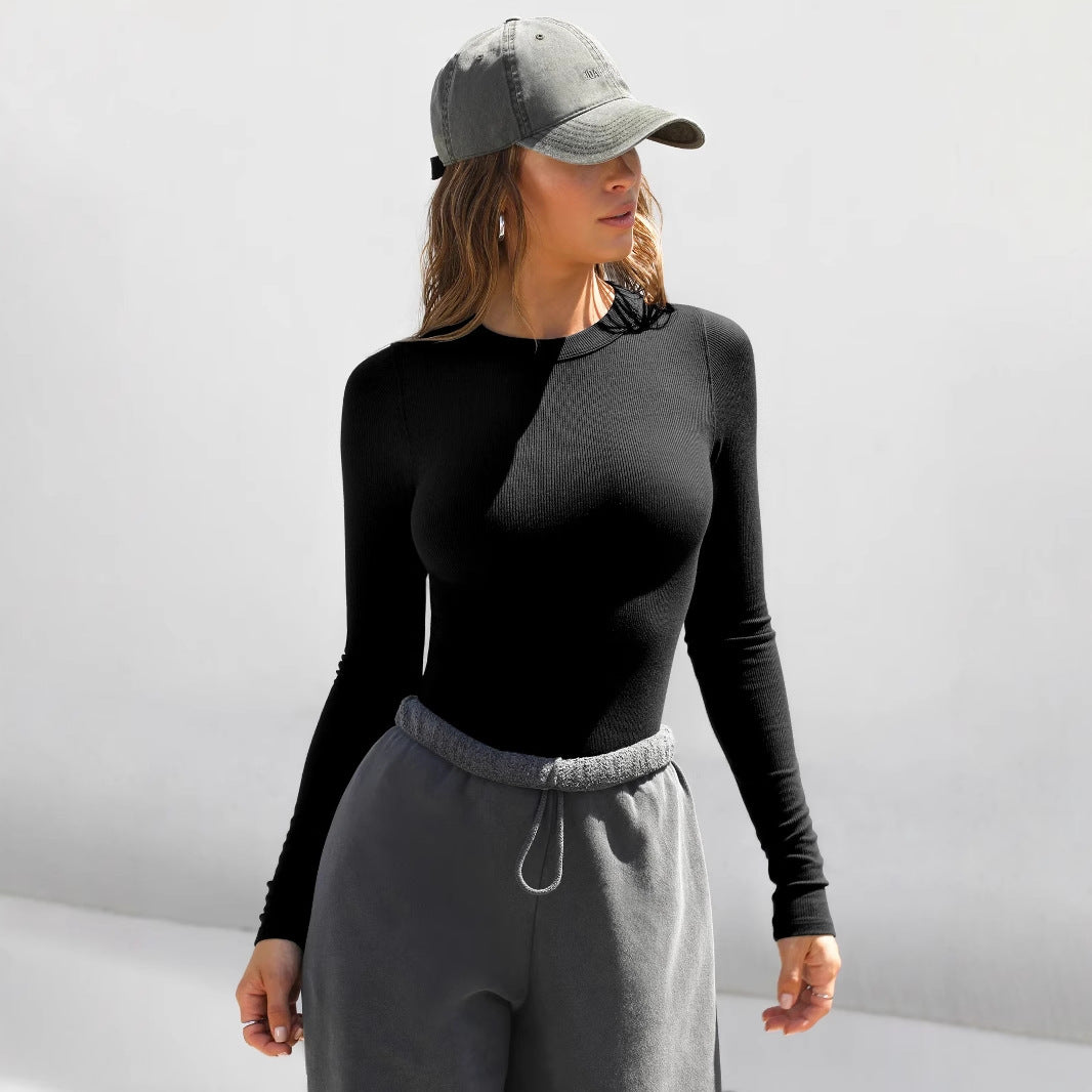 2025 new Y2K clothes threaded crew neck long-sleeved T-shirt women's bottom outer wear slim fit front shoulder Spice girl top pure desire