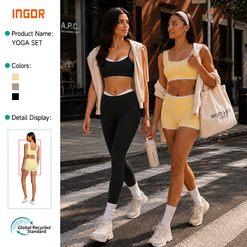 Eco-friendly color block nude feel yoga set - high waist, outdoor casual, versatile, fitness, quick-dry, slimming women's activewear