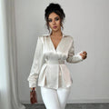 fashionwork clothingelegant shirt bright acetate satin lapel deep v strap waist slimming looklong sleevesshirt