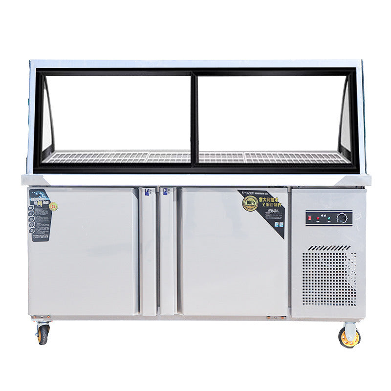 Custom dual-temperature deli case - commercial refrigerated & frozen display showcase with four-sided glass for cold dishes and ordering stations