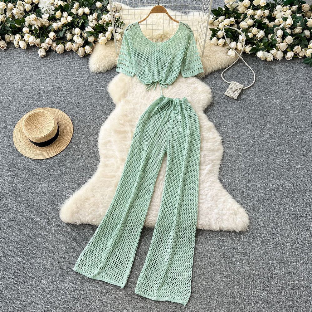 Korean style sweet & chic two-piece set: cutout & tie-strap knit top with high-waisted wide-leg pants