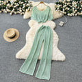 Korean style sweet & chic two-piece set: cutout & tie-strap knit top with high-waisted wide-leg pants