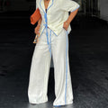 European and american cross-border women's fashion:  autumn new collection - stylish lapel color block loose tie-top and wide-leg pants set