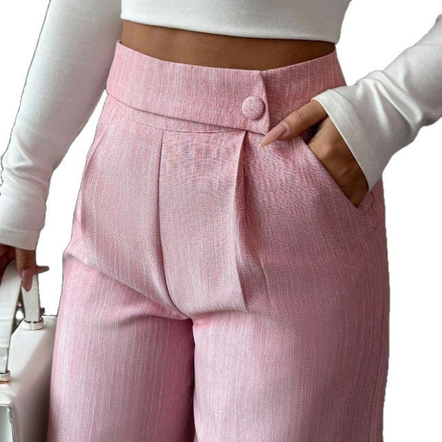 spring/summer new arrival: women's pink high-waisted trousers with button-decorated waist patch – elegant, casual, and versatile