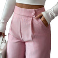 spring/summer new arrival: women's pink high-waisted trousers with button-decorated waist patch – elegant, casual, and versatile