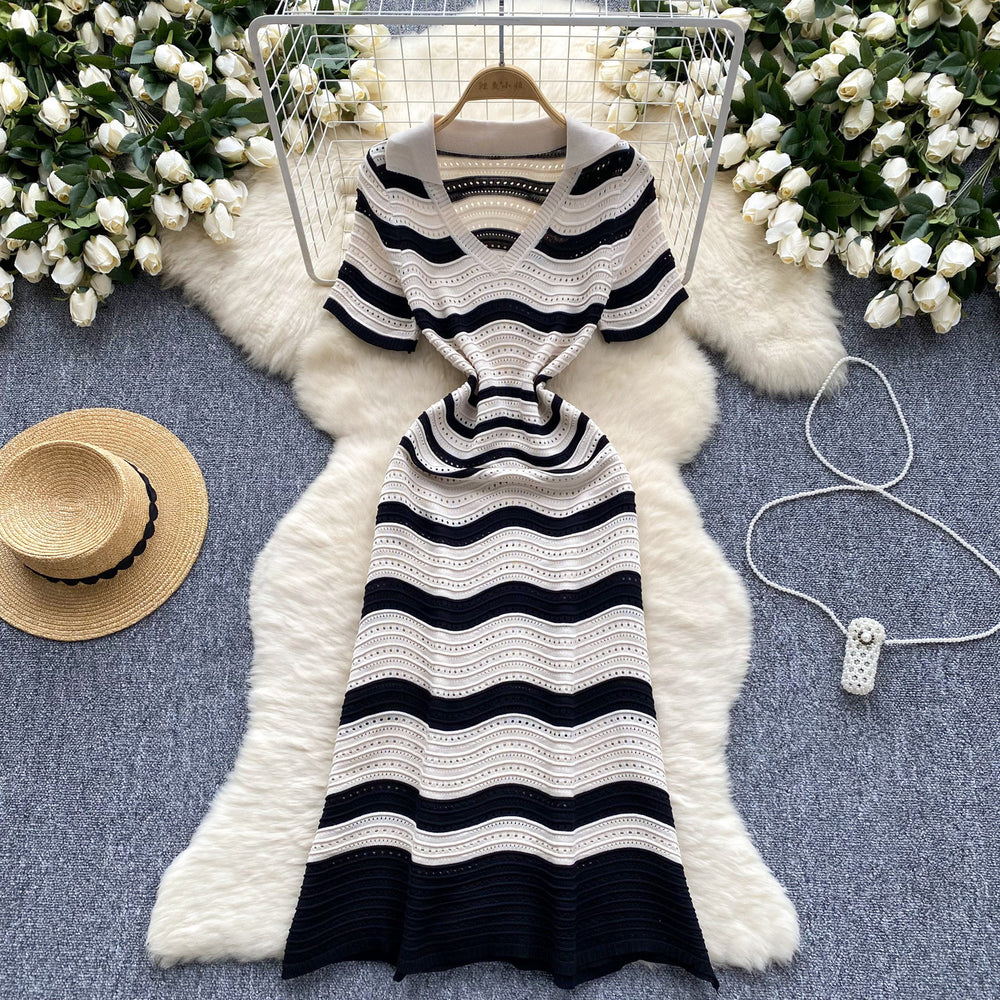 Luxury striped knit dress for women - summer v-neck, hollow-out, lightweight, breathable, slim-fit, designer maxi dress