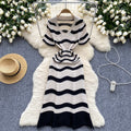 Luxury striped knit dress for women - summer v-neck, hollow-out, lightweight, breathable, slim-fit, designer maxi dress