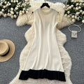 Summer chic: beaded, sleeveless, slim-fit knit dress - french style color block sweater dress for women