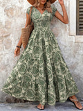 cross-border e-commerce hot-selling new print v-neck fitted waist maxi dress - european and american style for