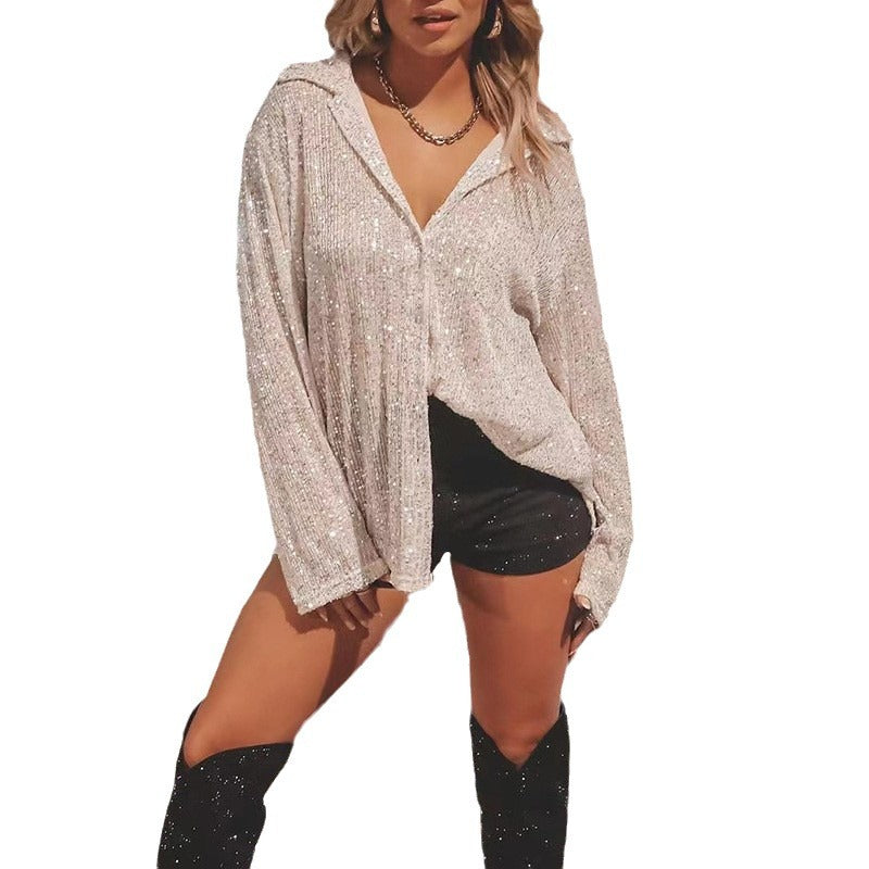 2025 autumn european and american cross-border women's fashion: new sequin long-sleeve turn-down collar casual blouse for amazon
