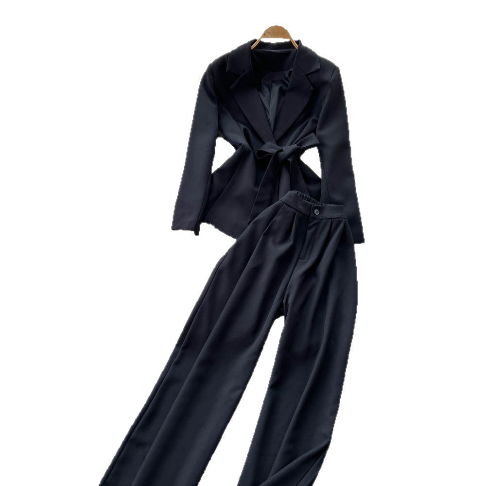 Work clothing professional young lady style suit women's autumtie back waist suit collar long sleevesoutwearhigh waistloose straight-leg pants