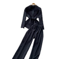 Work clothing professional young lady style suit women's autumtie back waist suit collar long sleevesoutwearhigh waistloose straight-leg pants