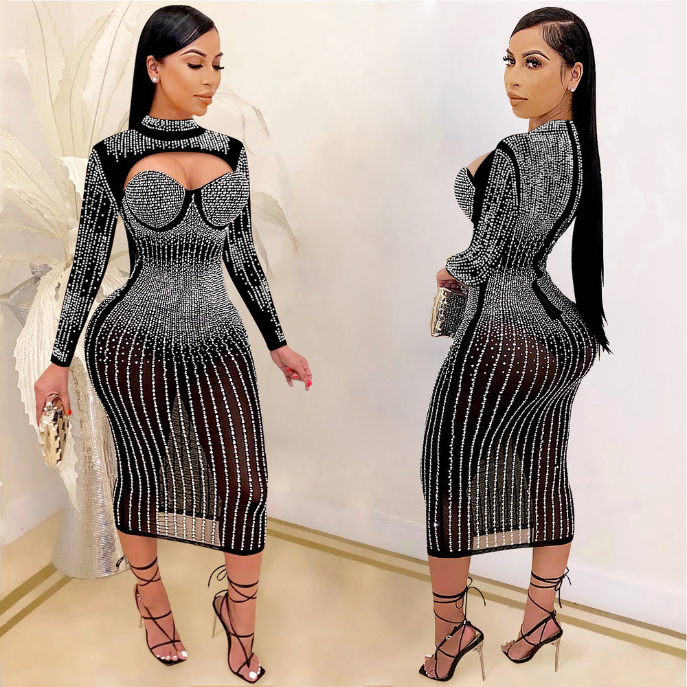 C5842 cross-border new arrival: european and american fashion women's party nightclub mesh see-through rhinestone embellished strappy dress