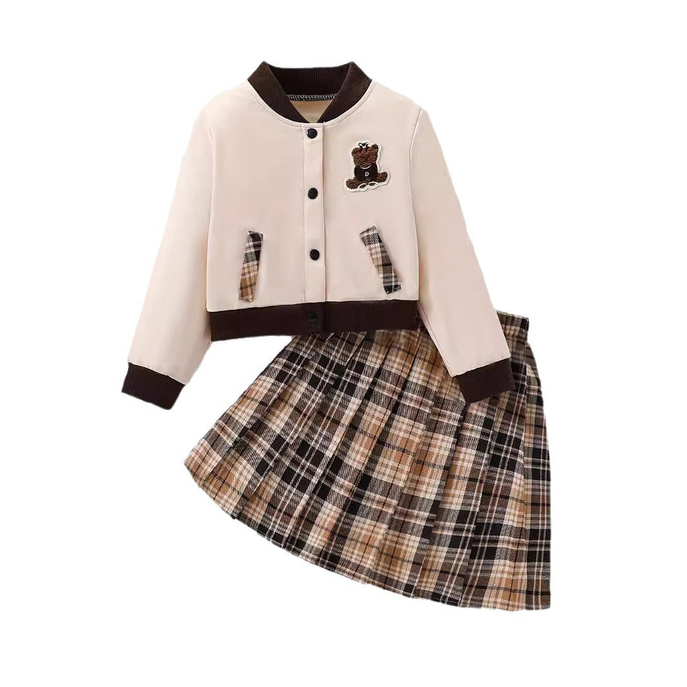 Girls' fall/winter baseball jacket & pleated plaid skirt set - cute bear embroidery, two-piece outfit for kids