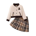 Girls' fall/winter baseball jacket & pleated plaid skirt set - cute bear embroidery, two-piece outfit for kids