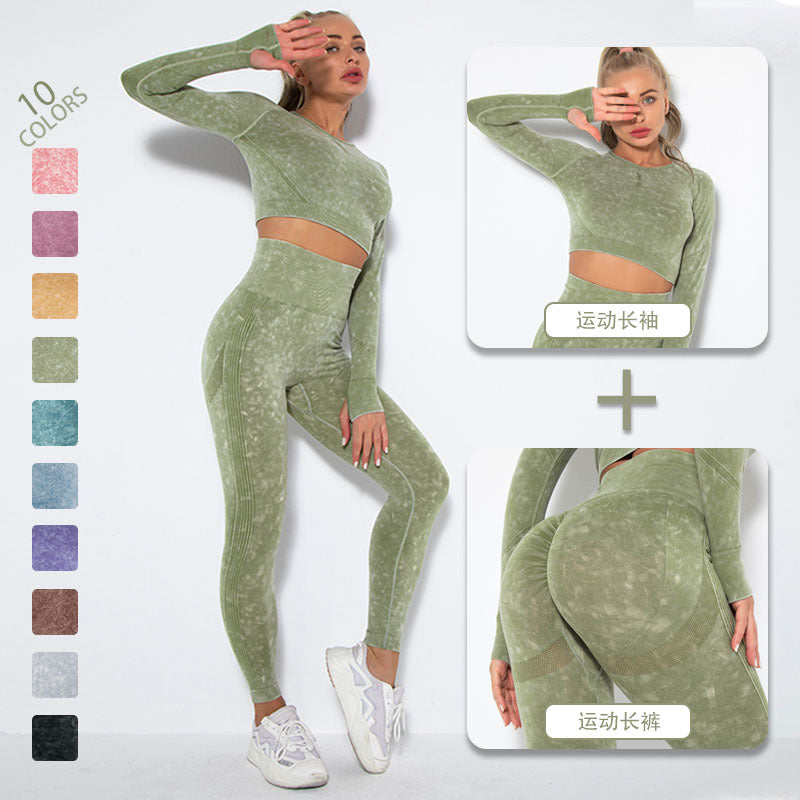 European and american new seamless washed smiley face yoga set - activewear long sleeve top and butt-lifting yoga pants two-piece set