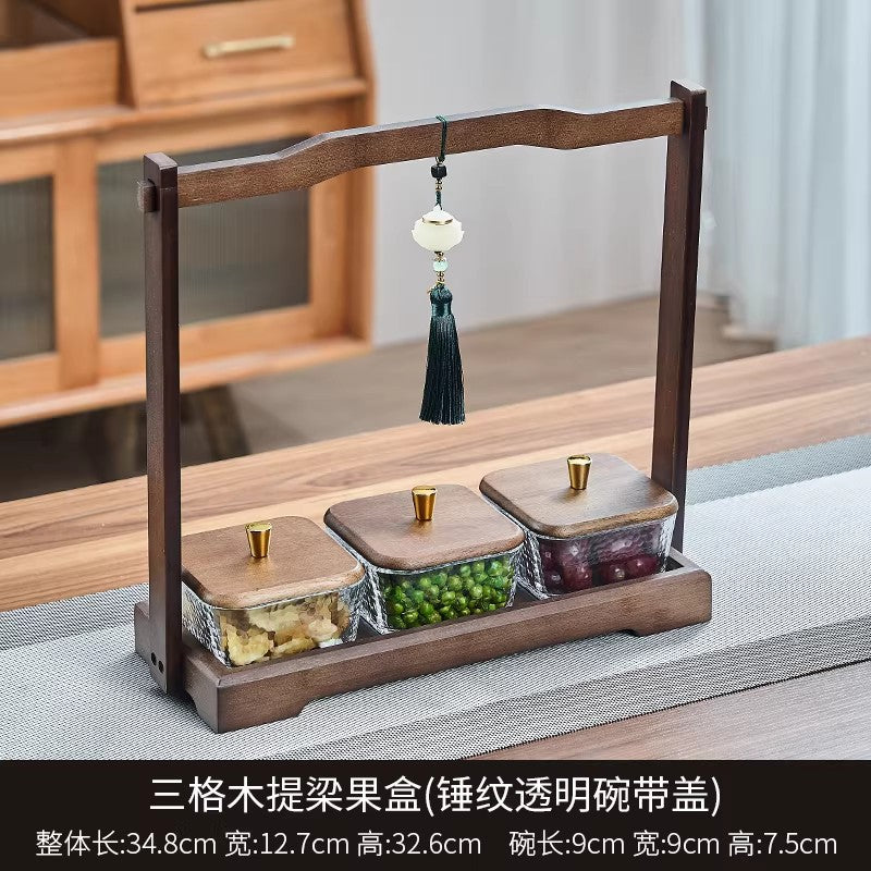 Chinoiserie walnut color dried fruit plate for home divided grids four-square grid lifting beam wedding new home glass bowl fruit plate fruit plate