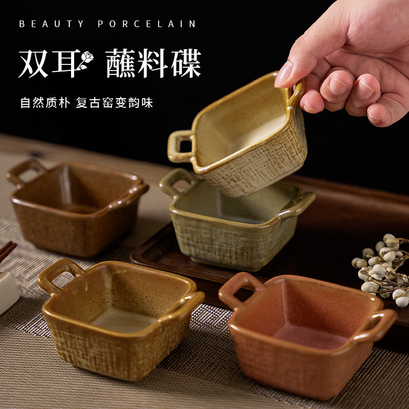 Retro ceramic for home small dipping dish japanese style double-ear side dish restaurant dessert pastry dish ceramic dish flavor dish