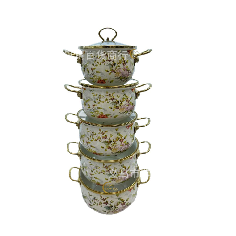 Export cross-mirror factory direct sales enamel high-end five-piece pot set boutique soup pot enamel pot double-ear soup pot