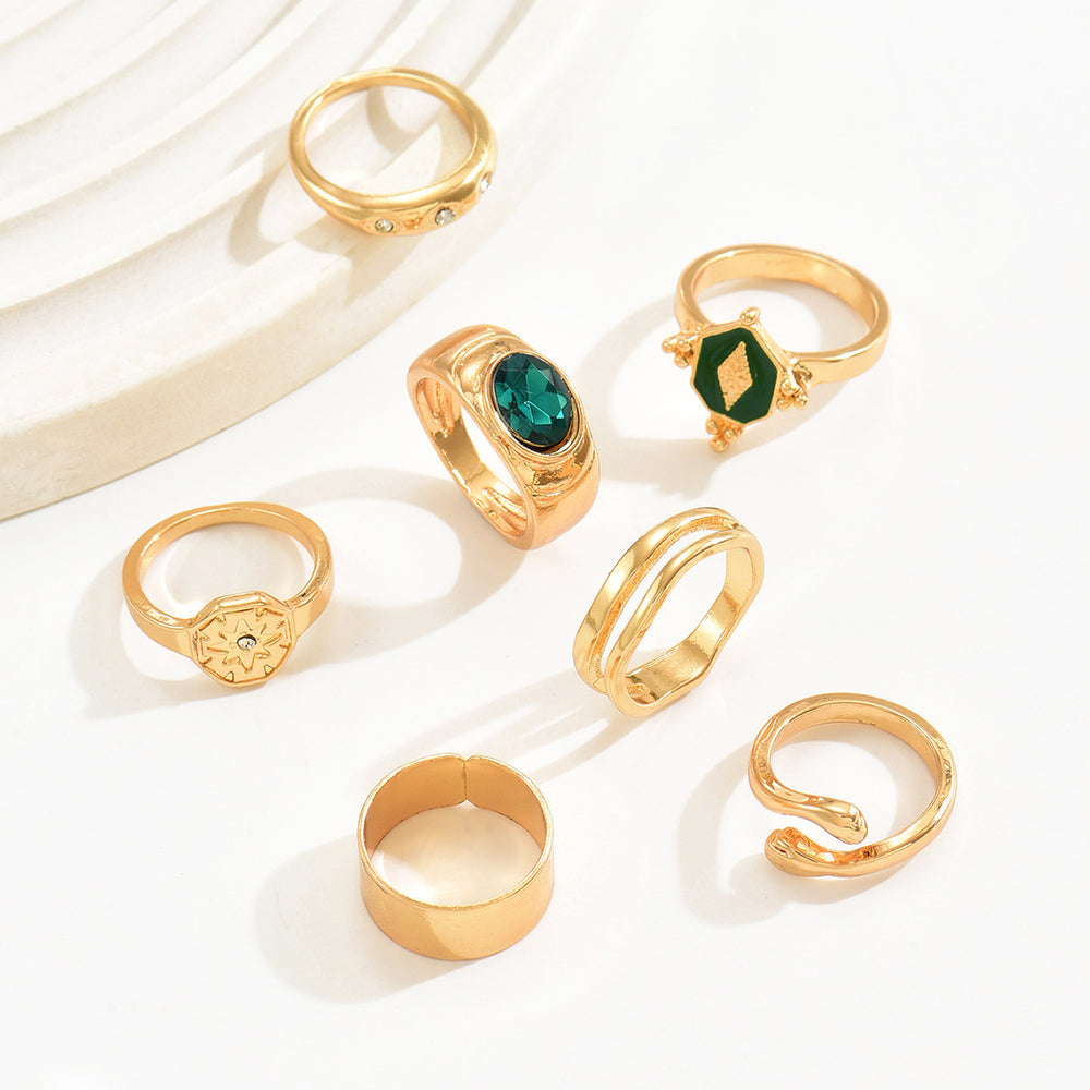 European and american cross-border retro green diamond ring set - trendy, instagrammable, light luxury, high-end rhombus and eight-pointed star rings